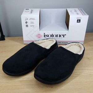 ISOTONER Mens Slippers Size 9.5 10.5 Black Slip On Open Back Plush Sherpa Lined
